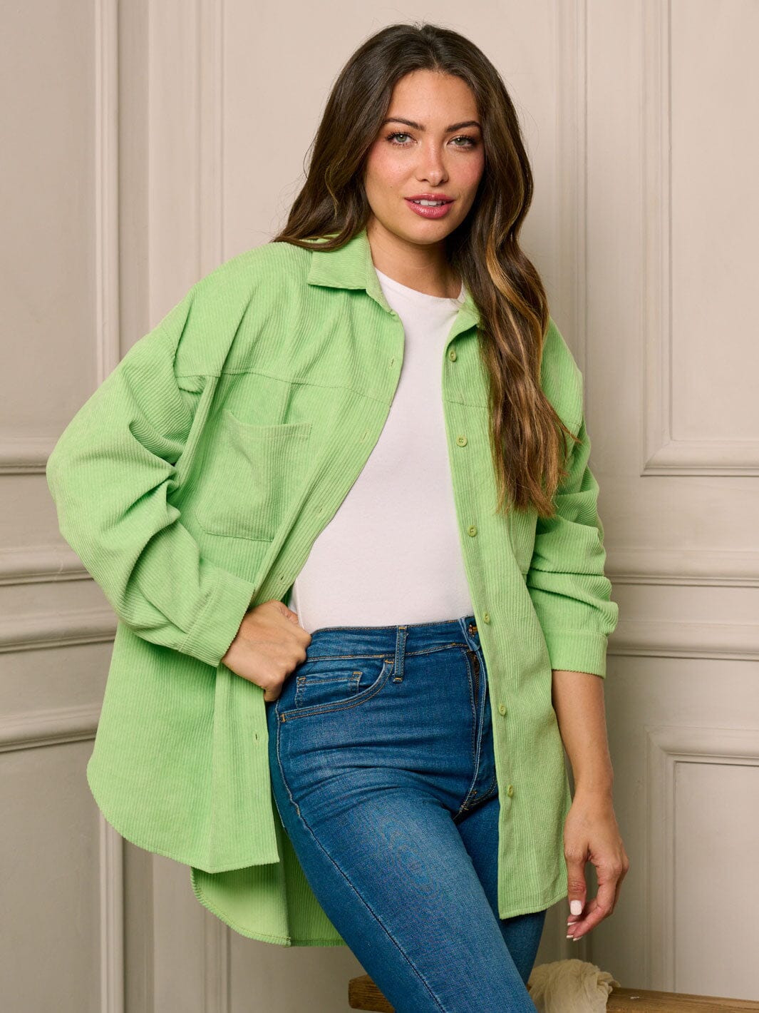 WOMEN'S LONG SLEEVE BUTTON CLOSURE FRONT POCKETS OVERSIZED CORDUROY TOP