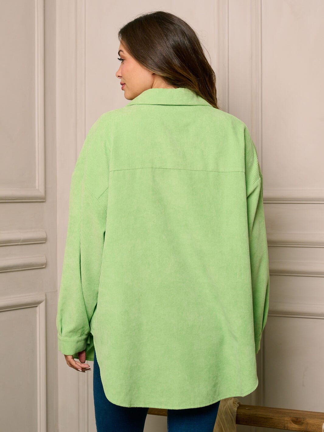 WOMEN'S LONG SLEEVE BUTTON CLOSURE FRONT POCKETS OVERSIZED CORDUROY TOP