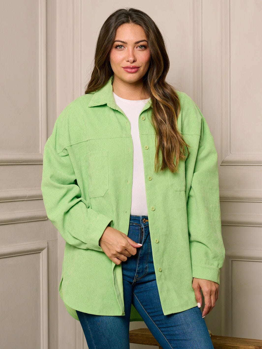 WOMEN'S LONG SLEEVE BUTTON CLOSURE FRONT POCKETS OVERSIZED CORDUROY TOP