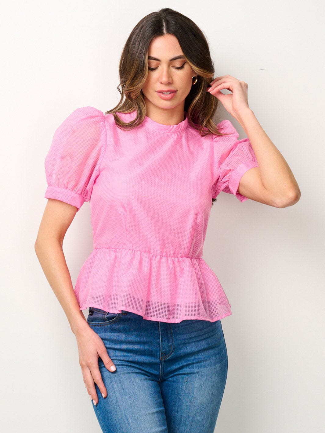 WOMEN'S SHORT PUFF SLEEVE PEPLUM BLOUSE TOP