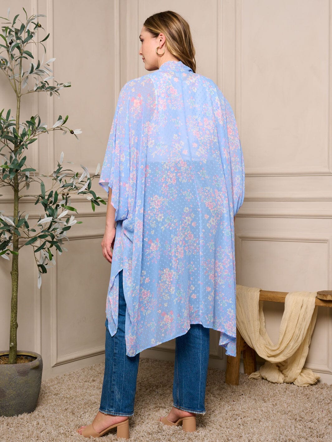 PLUS SIZE SHORT SLEEVE OPEN FRONT FLORAL SWISS DOTS KIMONO