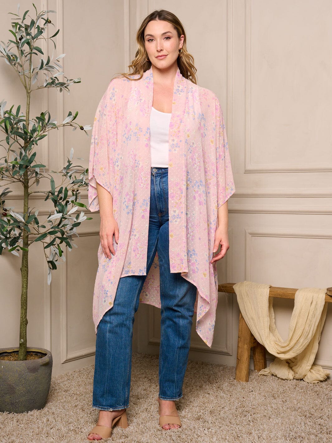 PLUS SIZE SHORT SLEEVE OPEN FRONT FLORAL SWISS DOTS KIMONO