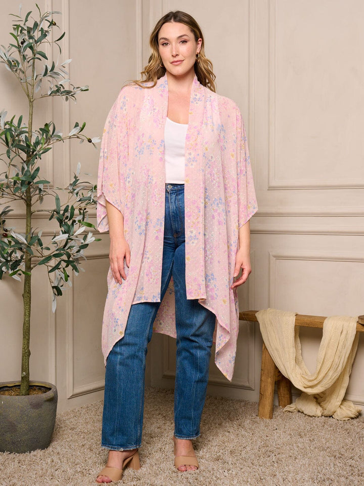 PLUS SIZE SHORT SLEEVE OPEN FRONT FLORAL SWISS DOTS KIMONO