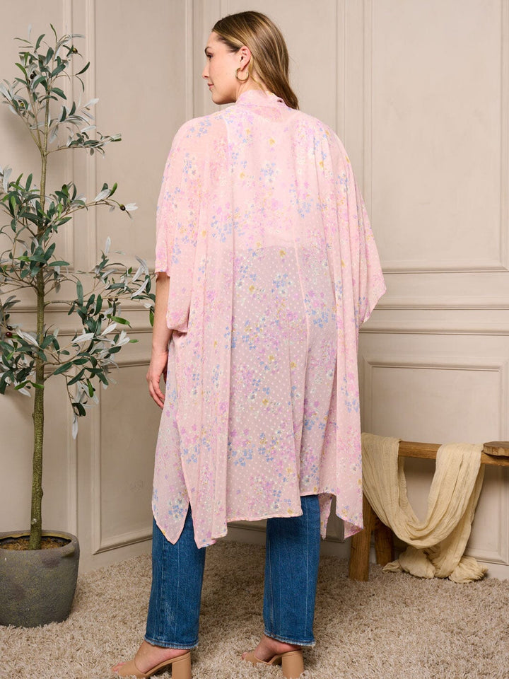 PLUS SIZE SHORT SLEEVE OPEN FRONT FLORAL SWISS DOTS KIMONO