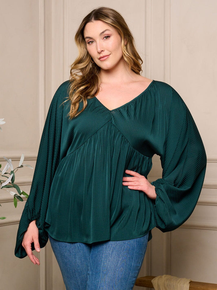 PLUS SIZE LONG BALLON SLEEVE V-NECK TUNIC BLOUSE TOP