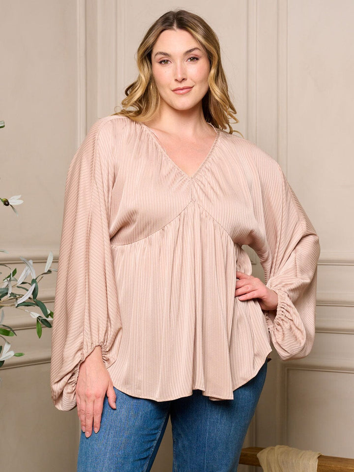 PLUS SIZE LONG BALLON SLEEVE V-NECK TUNIC BLOUSE TOP