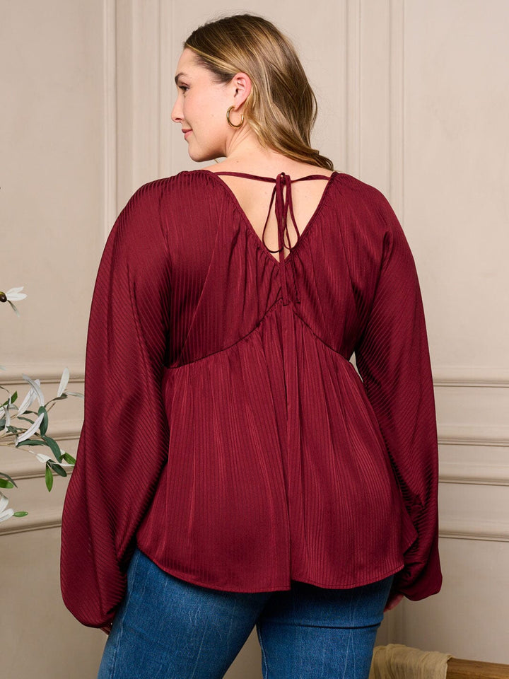 PLUS SIZE LONG BALLON SLEEVE V-NECK TUNIC BLOUSE TOP