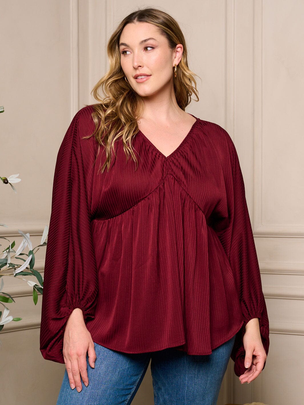 PLUS SIZE LONG BALLON SLEEVE V-NECK TUNIC BLOUSE TOP