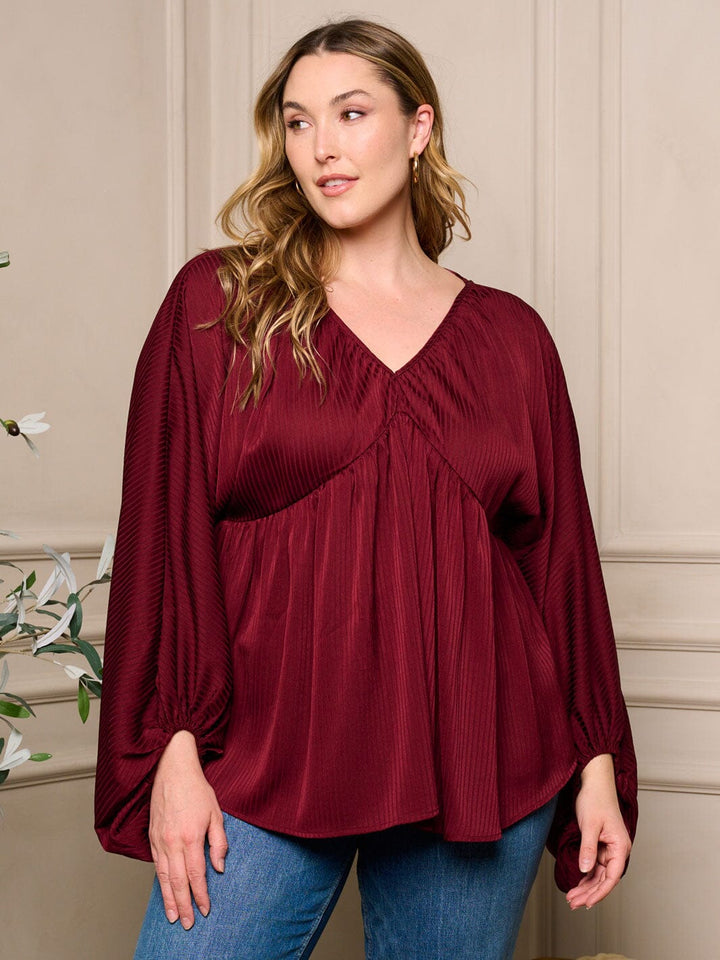 PLUS SIZE LONG BALLON SLEEVE V-NECK TUNIC BLOUSE TOP