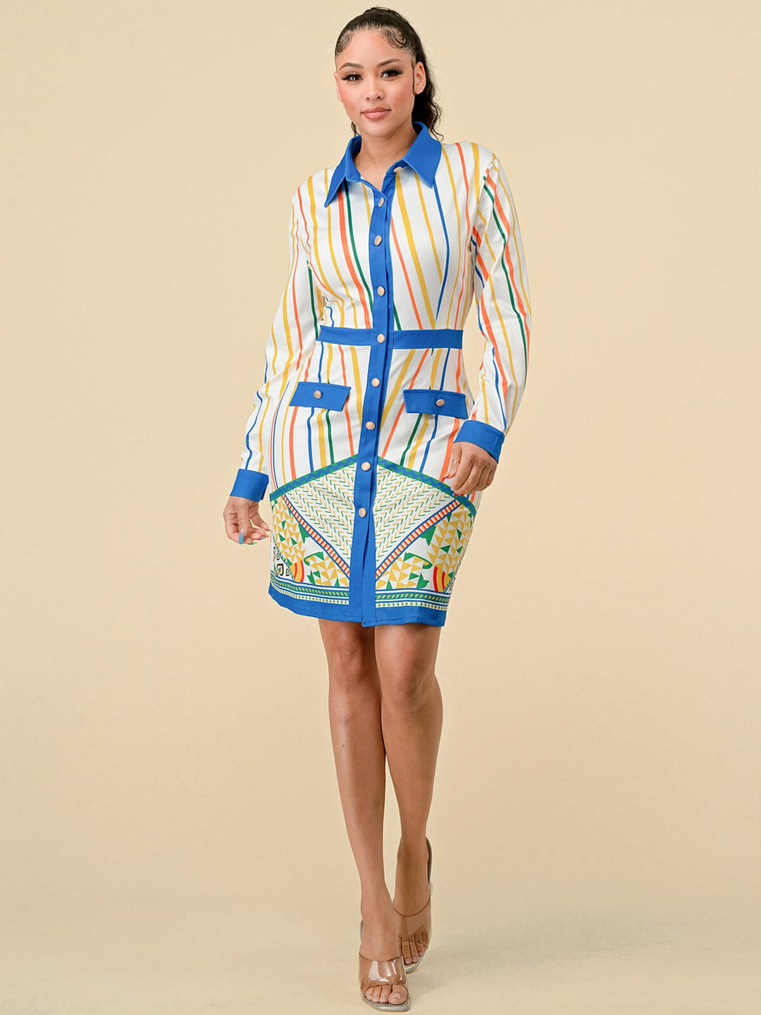 WOMEN'S LONG SLEEVES BUTTON UP MULTI PRINT MIDI DRESS