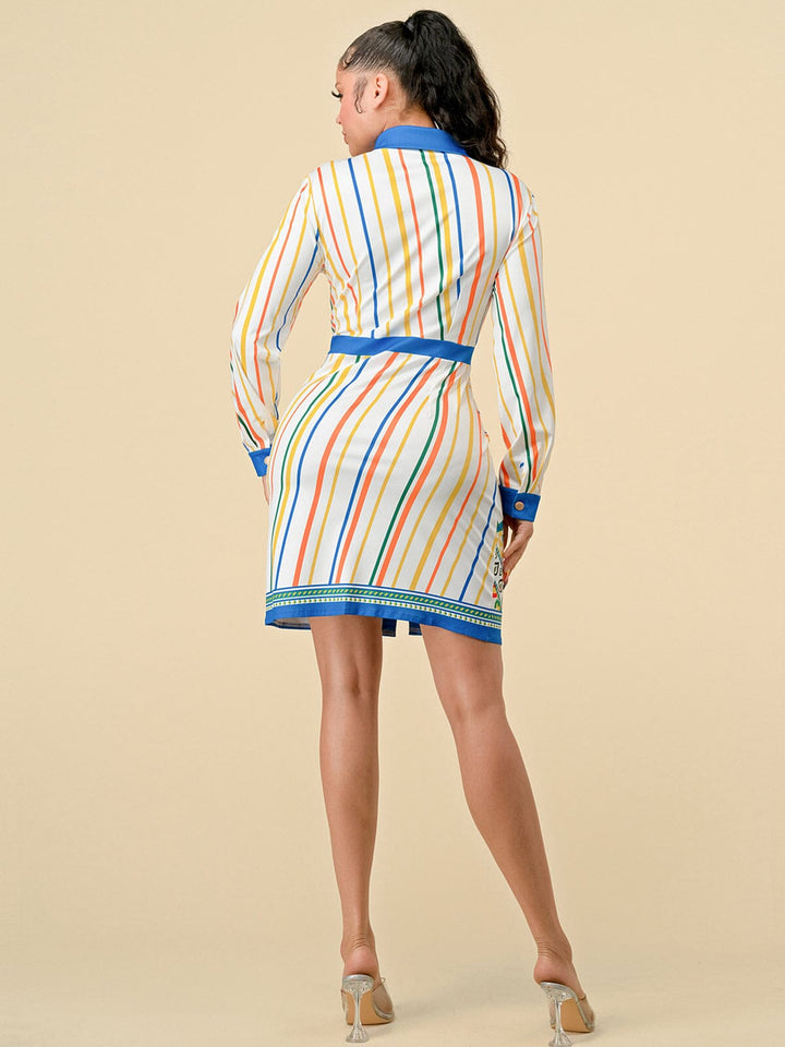 WOMEN'S LONG SLEEVES BUTTON UP MULTI PRINT MIDI DRESS