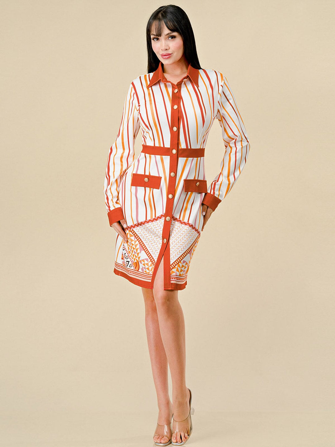 WOMEN'S LONG SLEEVES BUTTON UP MULTI PRINT MIDI DRESS