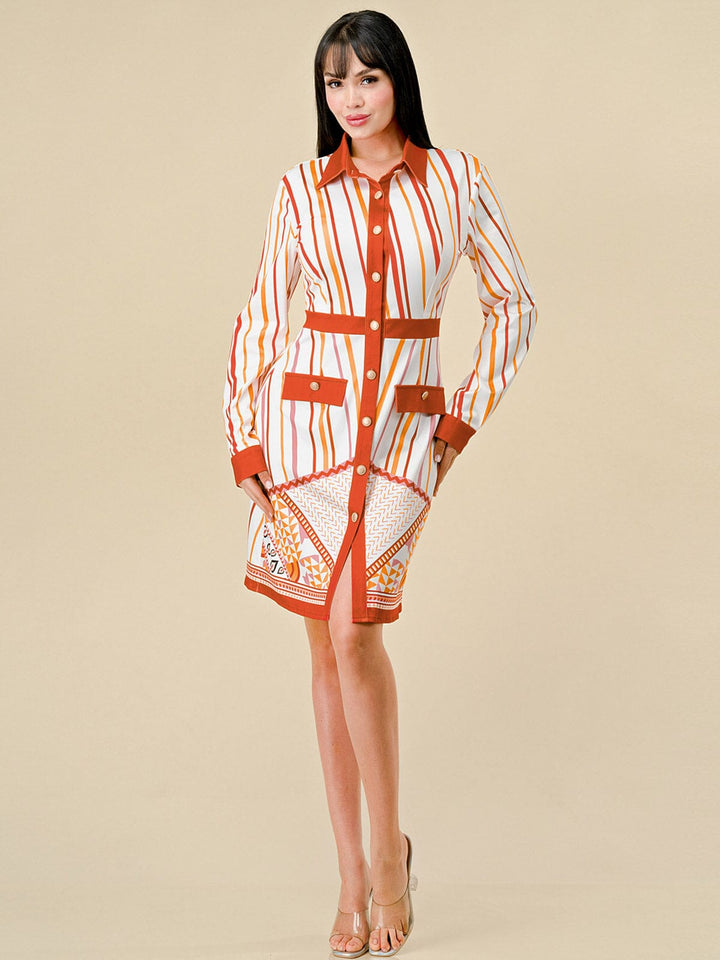 WOMEN'S LONG SLEEVES BUTTON UP MULTI PRINT MIDI DRESS