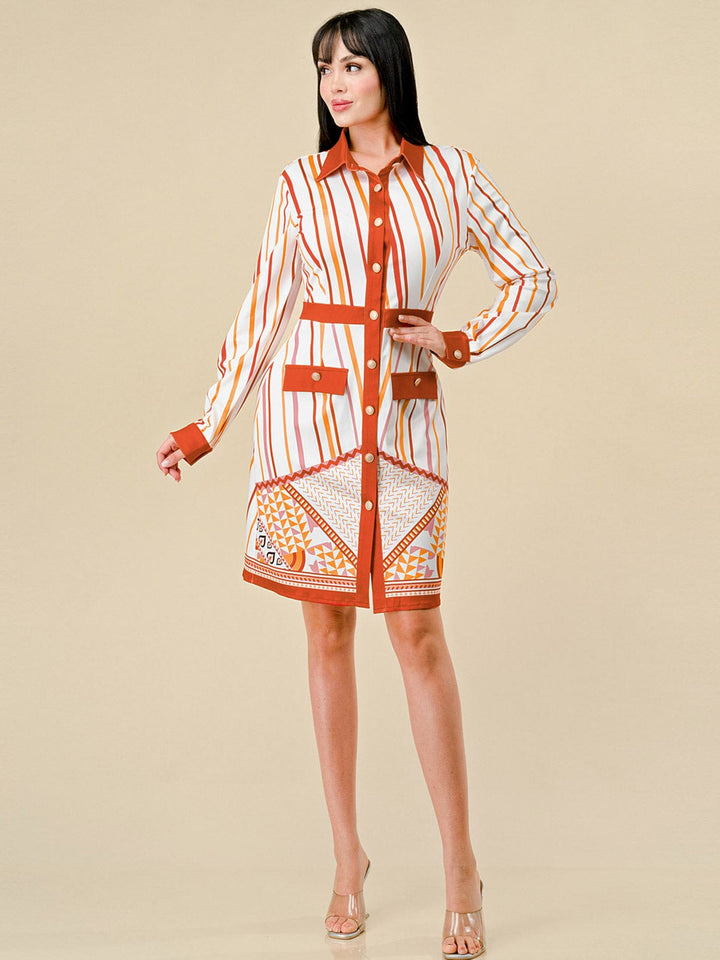 WOMEN'S LONG SLEEVES BUTTON UP MULTI PRINT MIDI DRESS