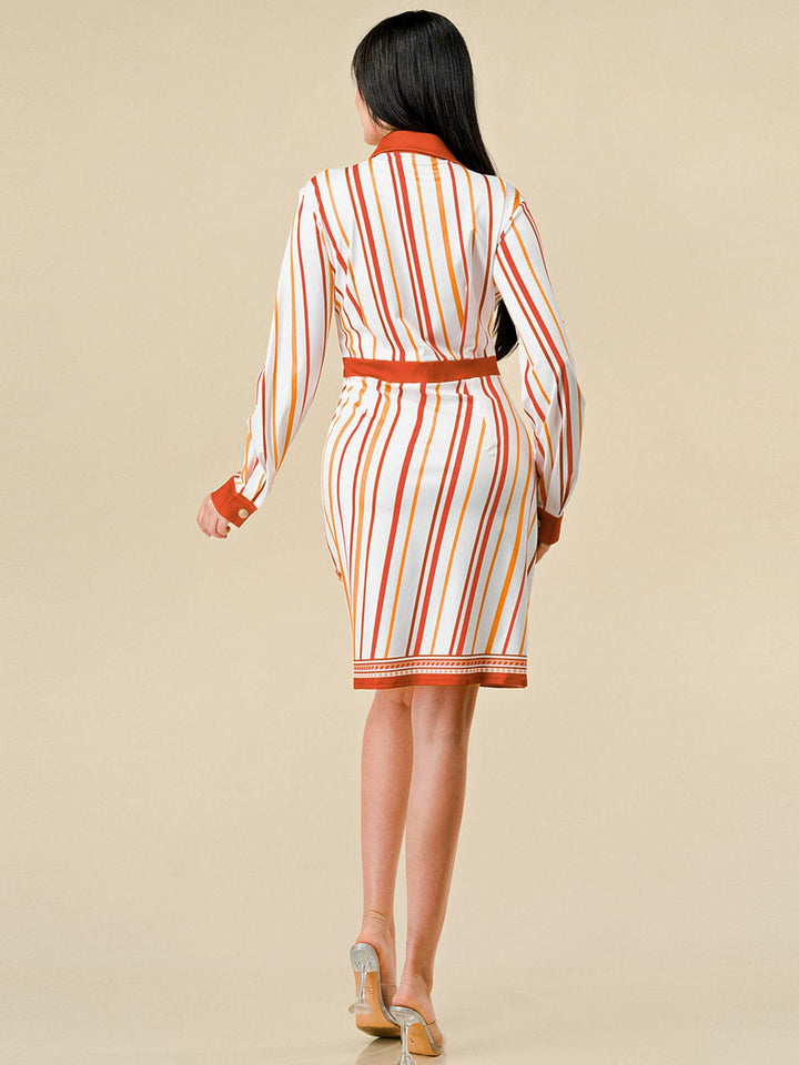 WOMEN'S LONG SLEEVES BUTTON UP MULTI PRINT MIDI DRESS