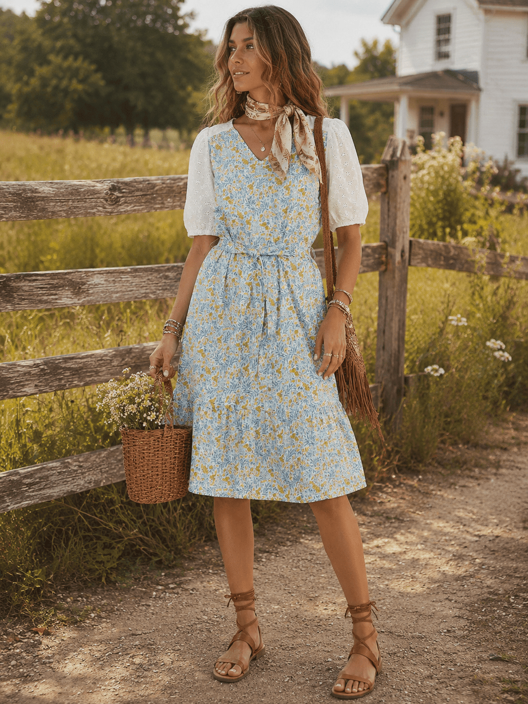 WOMEN'S SHORT PUFF SLEEVE V-NECK SELF TIE FLORAL MIDI DRESS