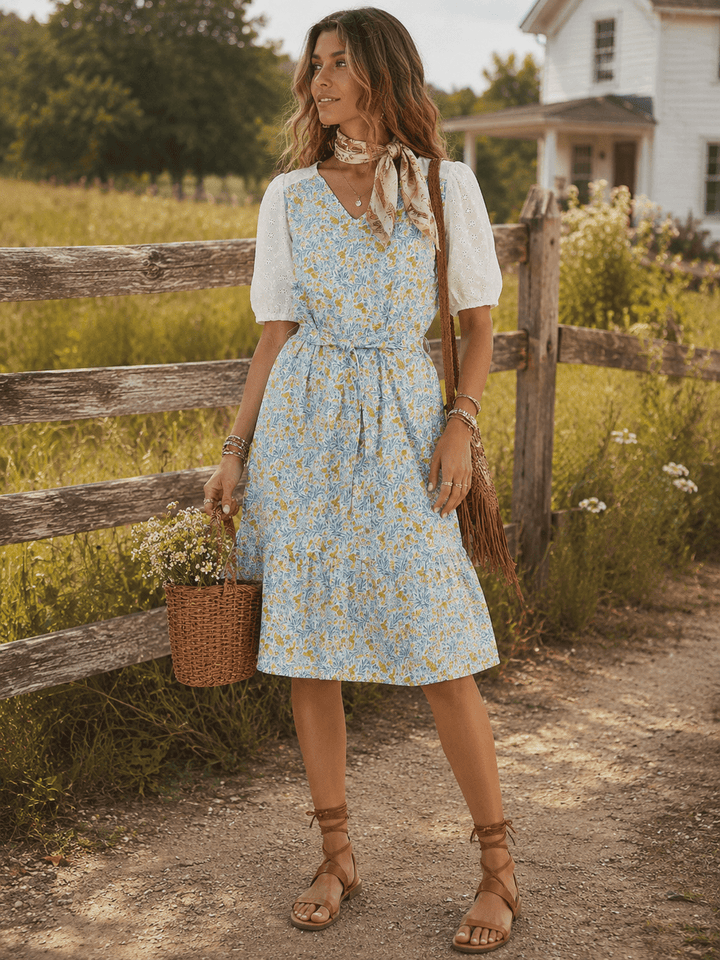 WOMEN'S SHORT PUFF SLEEVE V-NECK SELF TIE FLORAL MIDI DRESS