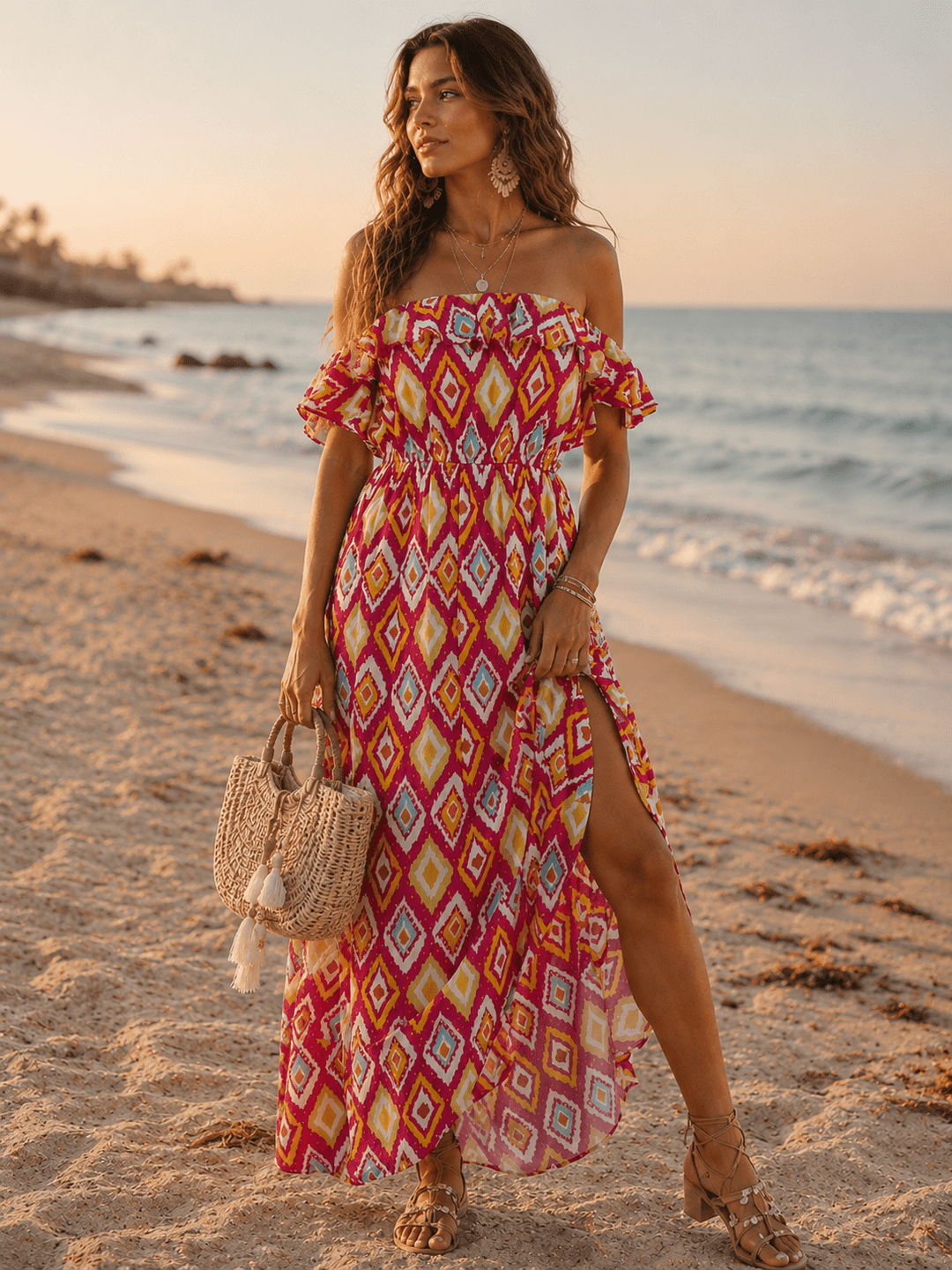 WOMEN'S OFF SHOULDER RUFFLE SLIT ELASTIC WAIST MULTI PRINT MAXI DRESS