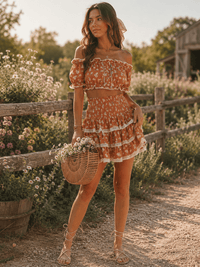 WOMEN'S OFF SHOULDER CROP TOP & ELASTIC WAIST MINI SKIRT RUFFLE FLORAL 2PC. SET