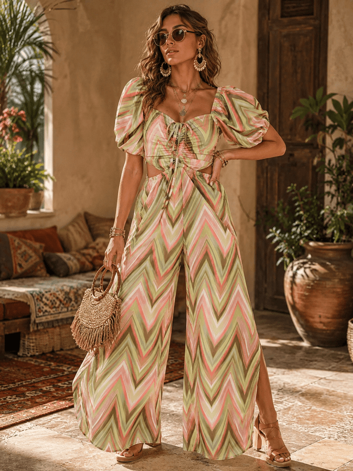 WOMEN'S SHORT PUFF SLEEVE OPEN BACK WIDE LEG JUMPSUIT