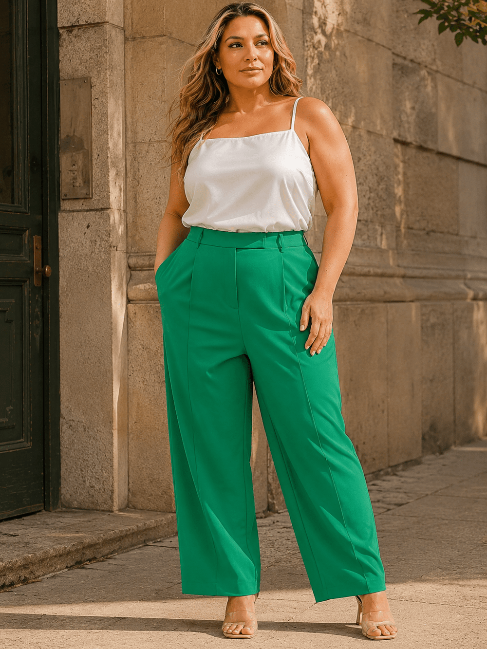 PLUS SIZE ELASTIC WAIST BUTTON CLOSURE POCKETS WIDE LEG PANTS