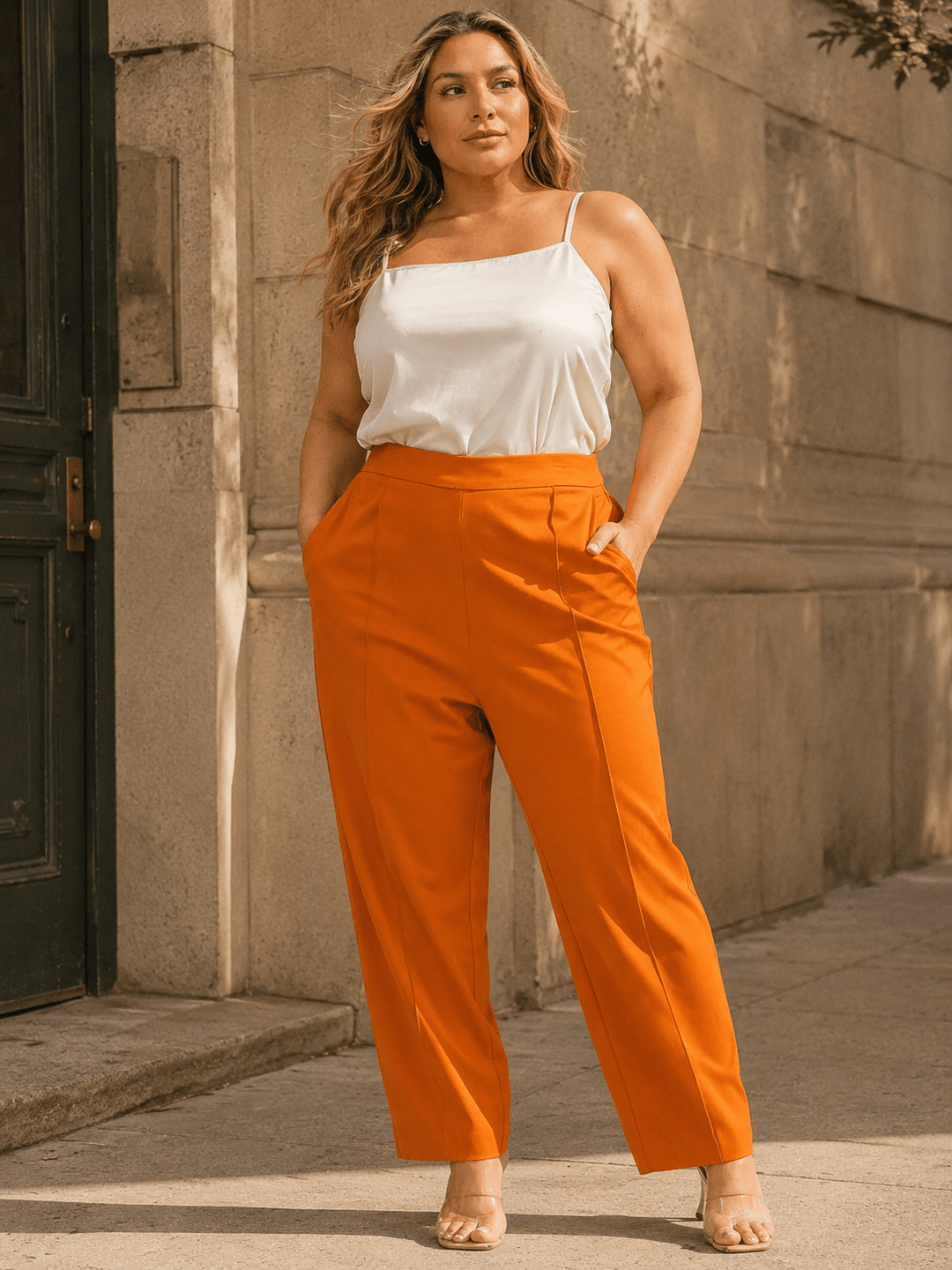 PLUS SIZE ELASTIC WAIST FRONT POCKETS STRAIGHT LEG PANTS