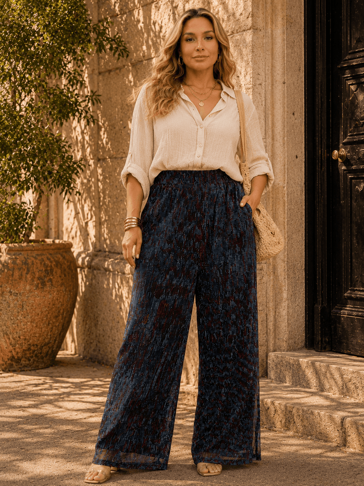 PLUS SIZE ELASTIC WAIST SHIMMER WIDE LEG PANTS