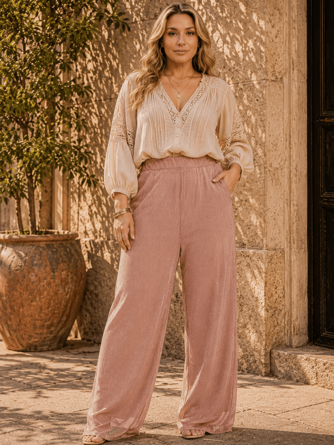 PLUS SIZE ELASTIC WAIST SHIMMER WIDE LEG PANTS