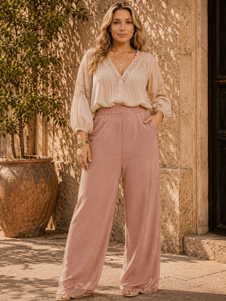 PLUS SIZE ELASTIC WAIST SHIMMER WIDE LEG PANTS