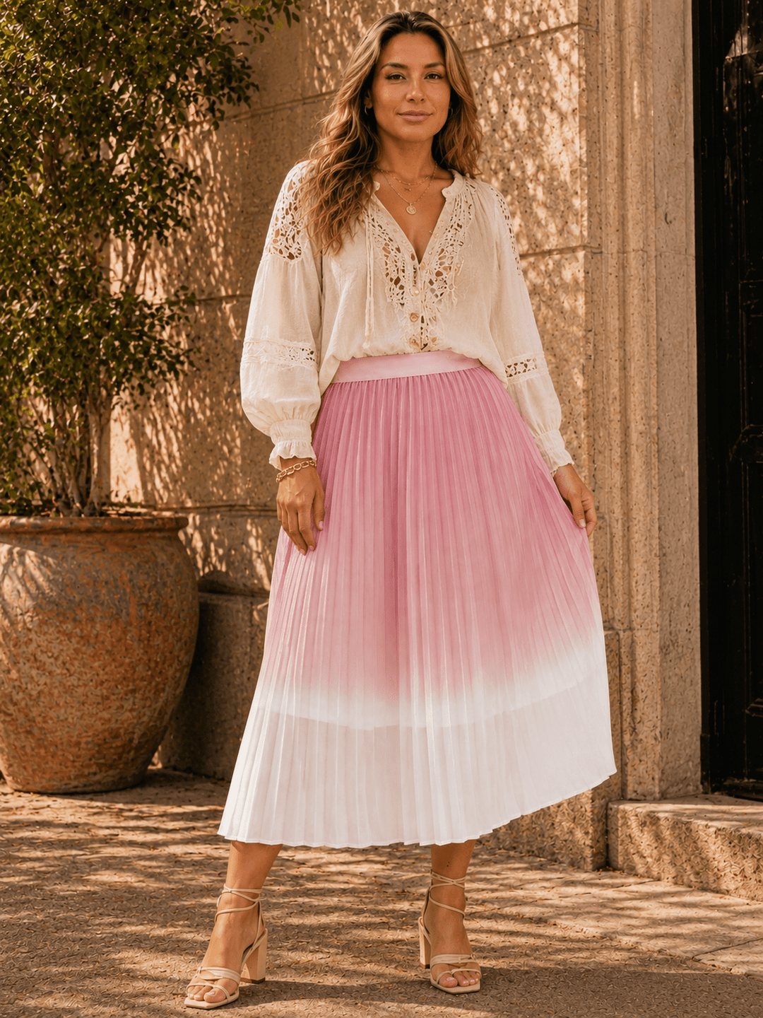 PLUS SIZE ELASTIC WAIST PLEATED COLORBLOCK MAXI SKIRT
