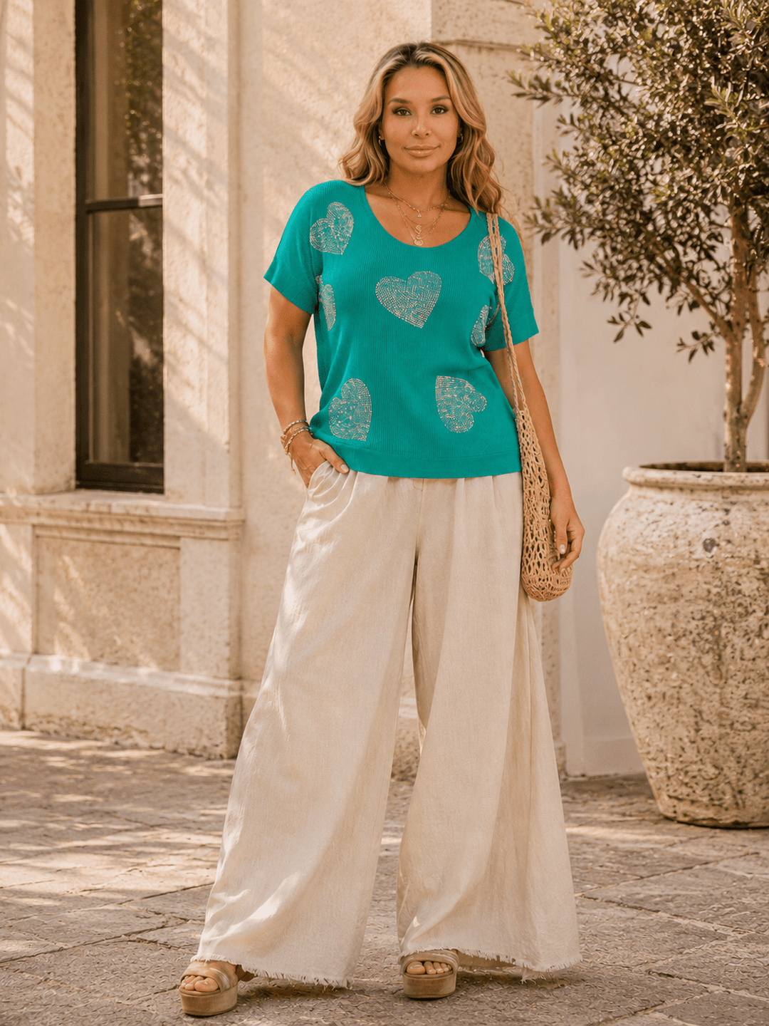 PLUS SIZE SHORT SLEEVE RIBBED SEQUINS HEART PRINT BLOUSE