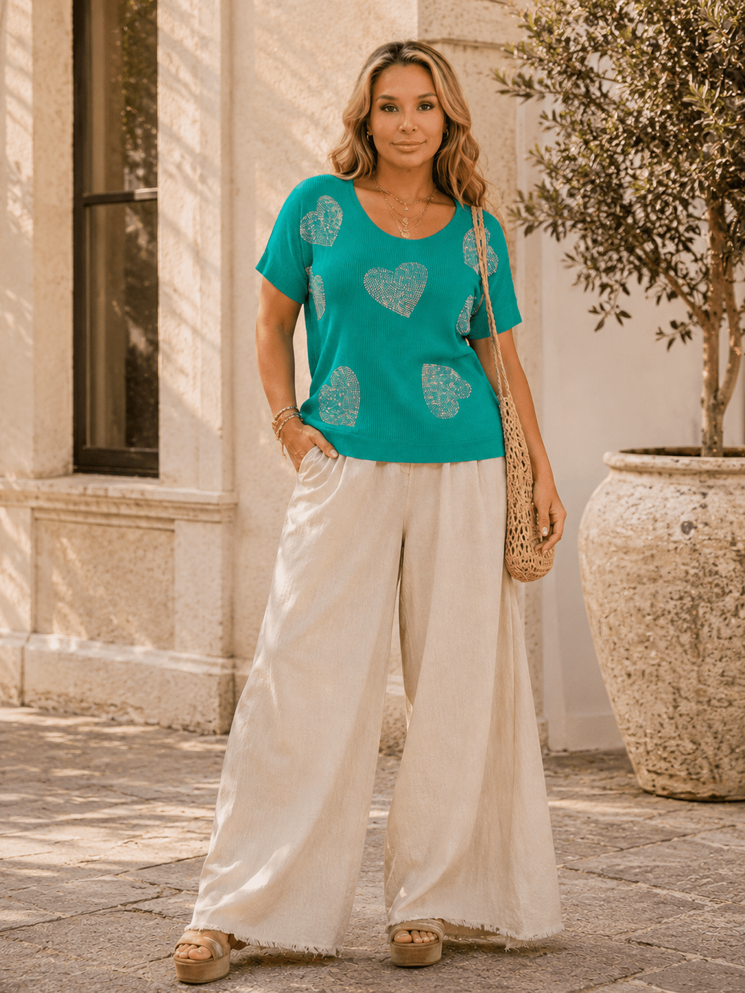 PLUS SIZE SHORT SLEEVE RIBBED SEQUINS HEART PRINT BLOUSE