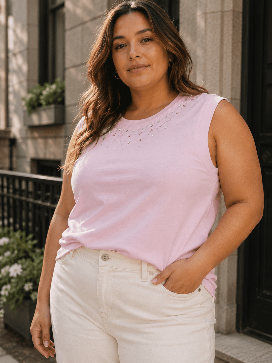 PLUS SIZE SLEEVELESS RHINESTONES DETAILED TANK TOP