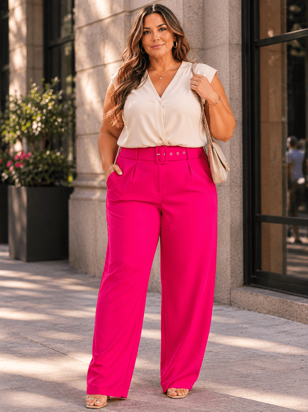 PLUS SIZE BUTTON CLOSURE POCKETS BELTED STRAIGHT LEG SOLID PANTS