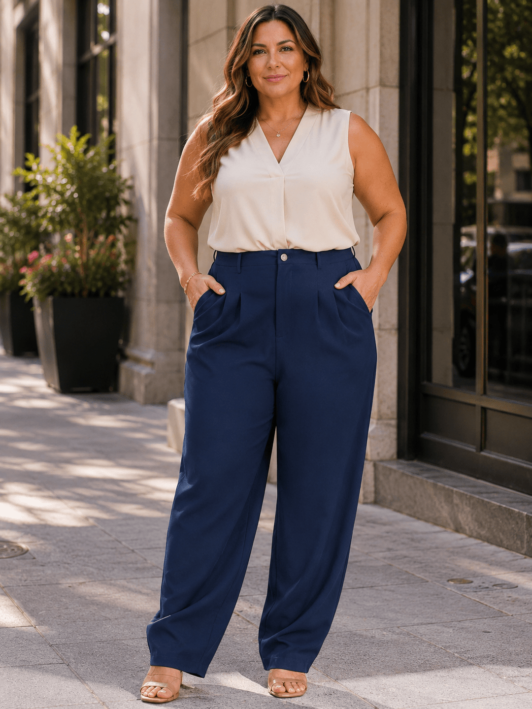 PLUS SIZE BUTTON CLOSURE ELASTIC WAISTBAND POCKETS STRAIGHT LEG SOLID PANTS