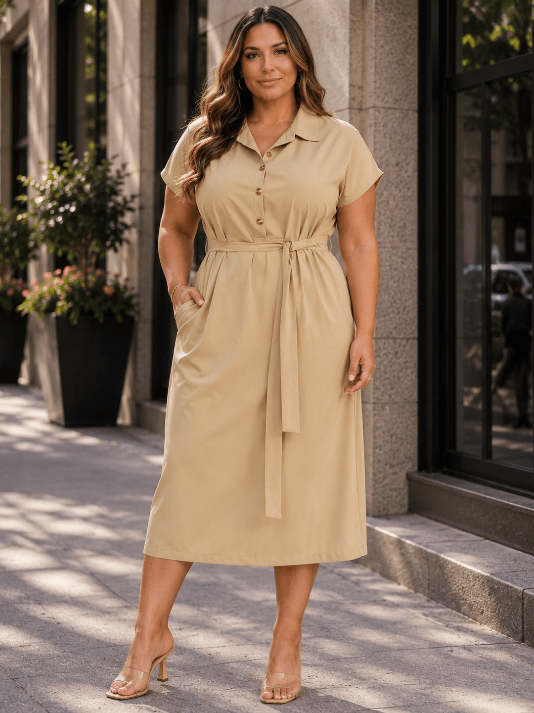 PLUS SIZE SHORT SLEEVE BUTTON UP SELF TIE ELASTIC WAIST MIDI DRESS