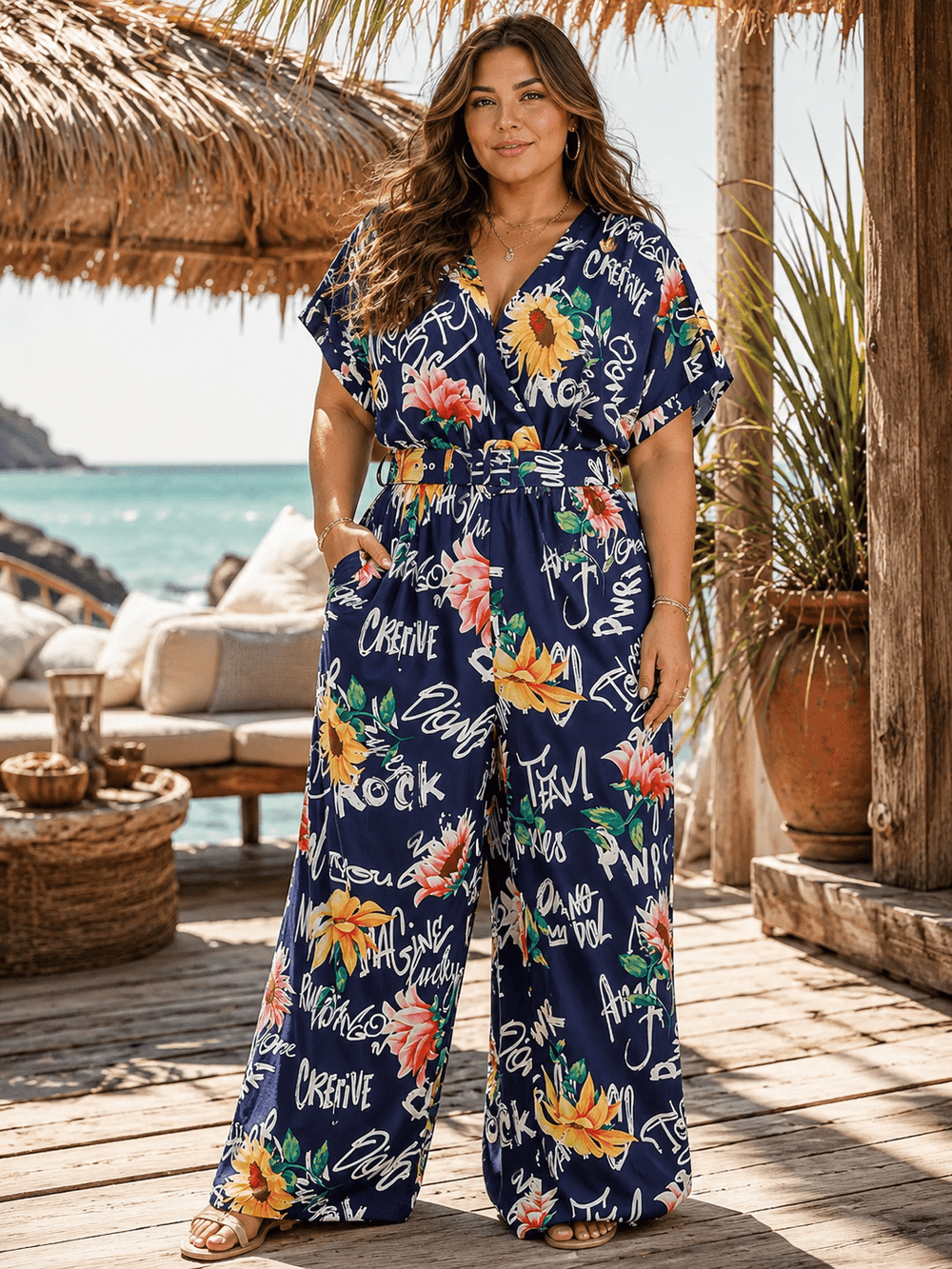 PLUS SIZE SHORT SLEEVE SURPLICE ELASTIC WAIST MULTI PRINT WIDE LEG JUMPSUIT