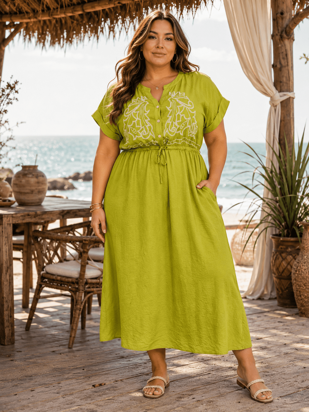 PLUS SIZE SHORT SLEEVE BUTTON UP SELF TIE ELASTIC WAIST EMBROIDERY MAXI DRESS