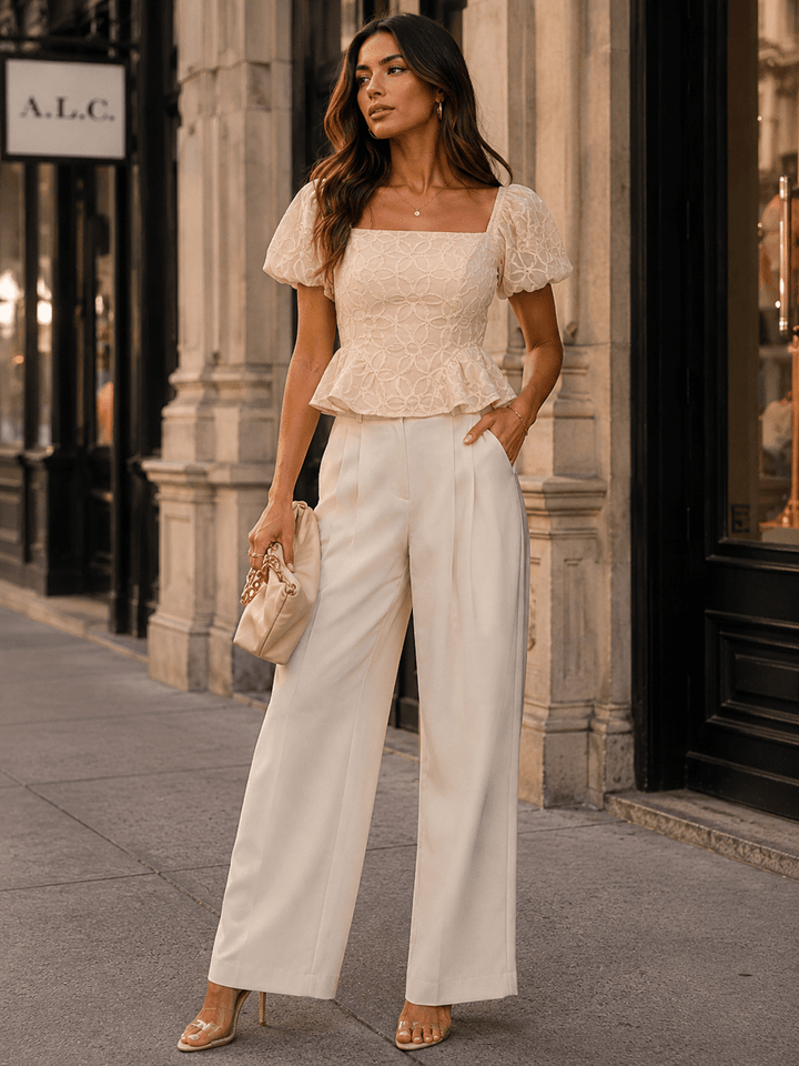 WOMEN'S SHORT PUFF SLEEVE SQUARE NECK OPEN BACK PEPLUM TOP