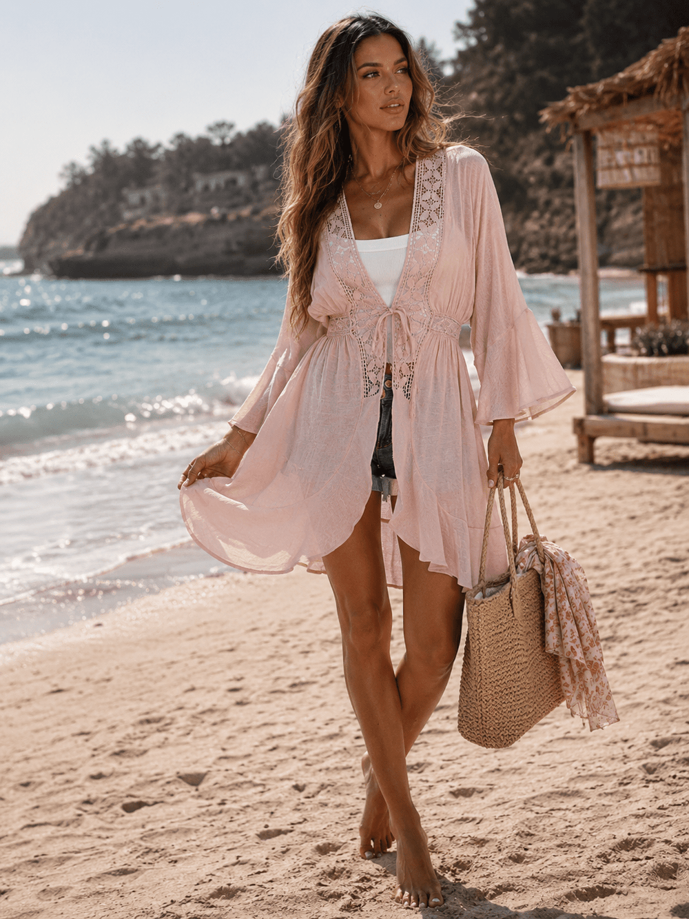 WOMEN'S LONG SLEEVE OPEN FRONT SELF TIE CROCHET DETAILED CARDIGAN
