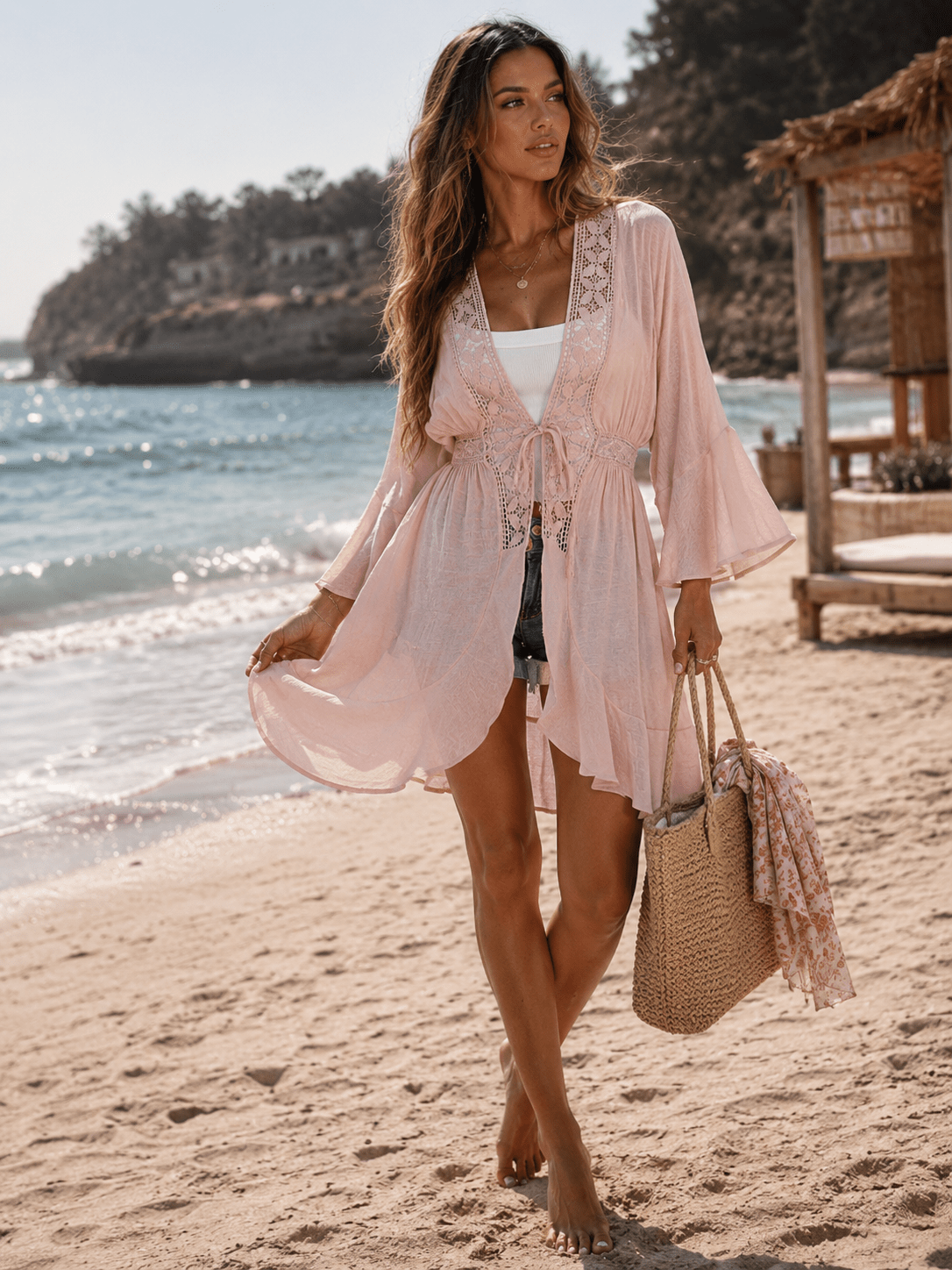 WOMEN'S LONG SLEEVE OPEN FRONT SELF TIE CROCHET DETAILED CARDIGAN