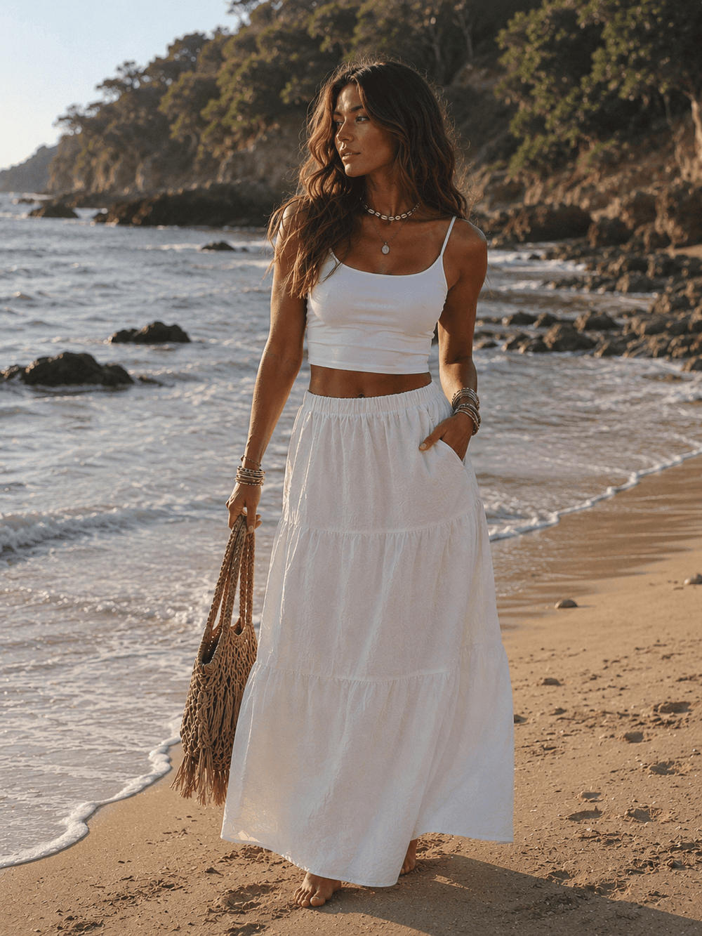 WOMEN'S ELASTIC WAIST TIERED DETAILED MAXI SKIRT