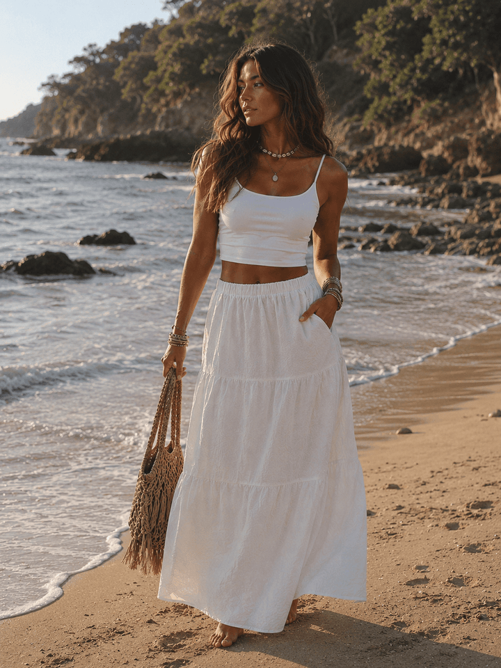 WOMEN'S ELASTIC WAIST TIERED DETAILED MAXI SKIRT