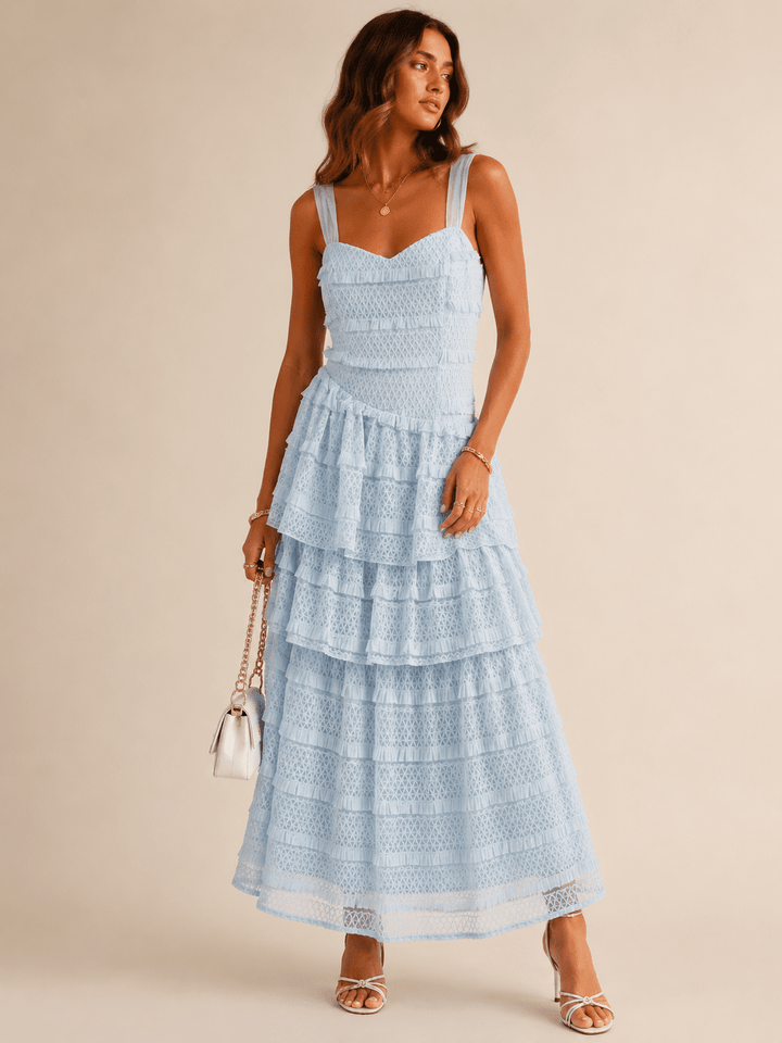 JUST ME WOMEN'S SLEEVELESS RUFFLE TIERED LACE MAXI DRESS
