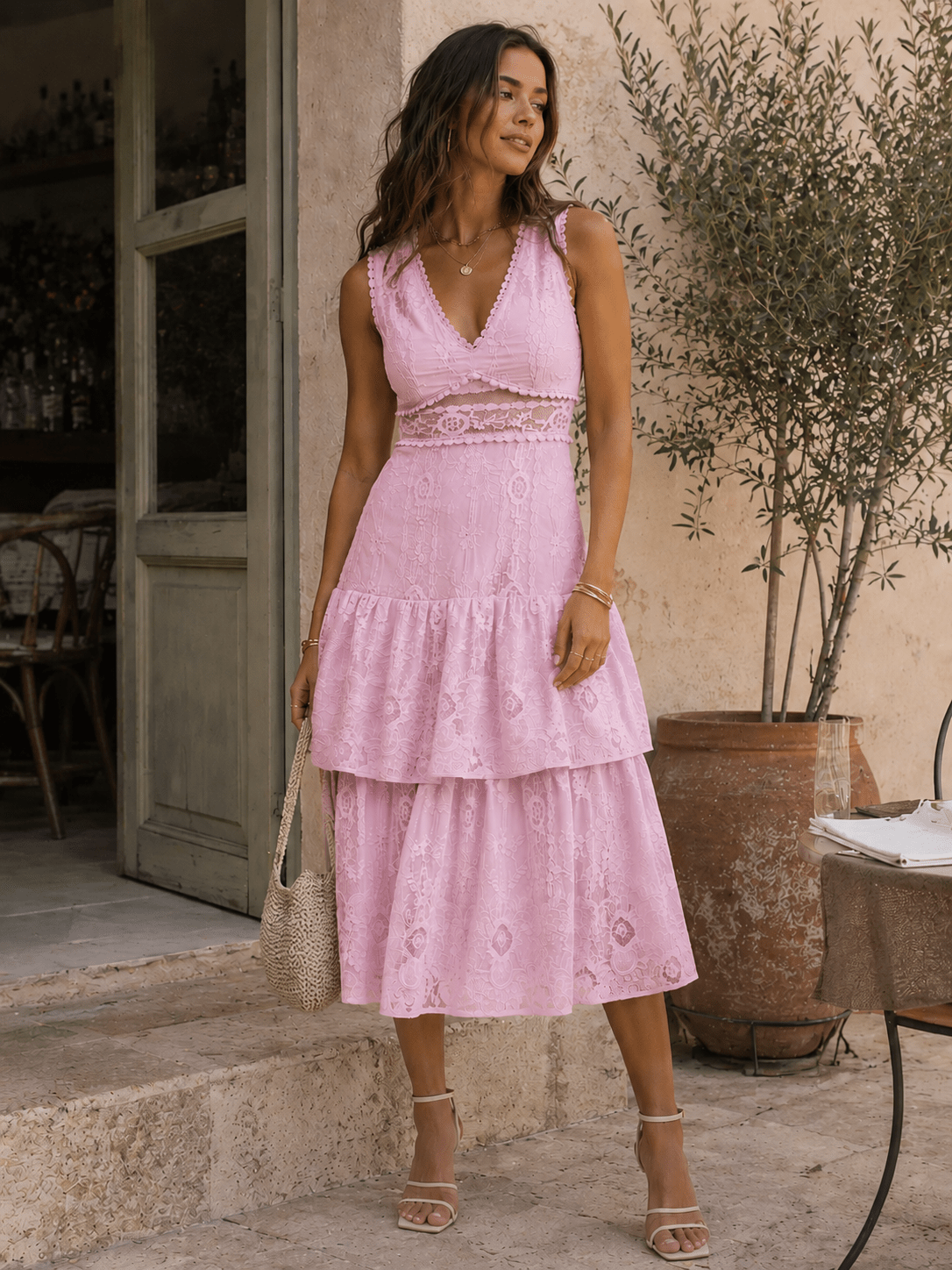 JUST ME WOMEN'S SLEEVELESS V-NECK RUFFLE TIERED LACE EMBROIDERY MAXI DRESS