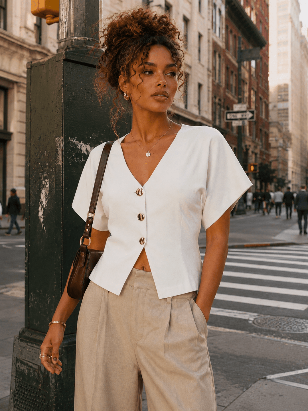 WOMEN'S SHORT SLEEVE V-NECK BUTTON UP RIBBED BLOUSE