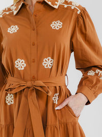 WOMEN'S LONG SLEEVE BUTTON UP TIERED EMBROIDERY MAXI DRESS