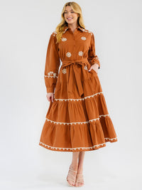 WOMEN'S LONG SLEEVE BUTTON UP TIERED EMBROIDERY MAXI DRESS