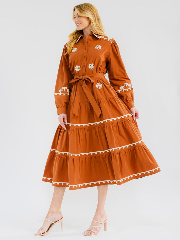 WOMEN'S LONG SLEEVE BUTTON UP TIERED EMBROIDERY MAXI DRESS
