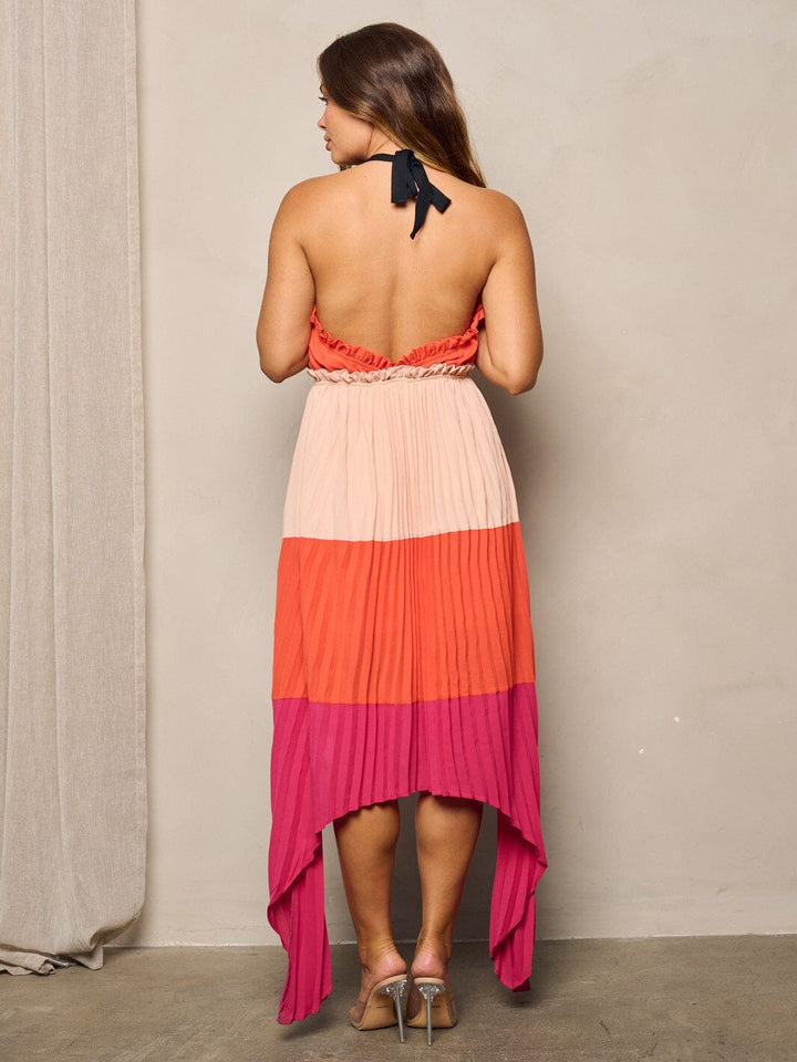 WOMEN'S SLEEVELESS V-NECK COLORBLOCK OPEN BACK PLEATED MAXI DRESS